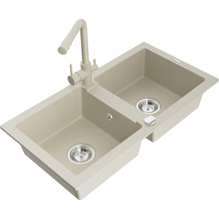 Mexen Mario 2-bowl granite sink with kitchen faucet Duero, beige - 6504-69-671600-69