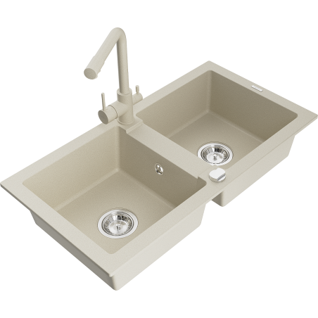 Mexen Mario granite double-bowl sink with Duero kitchen tap, beige - 6504-69-671600-69