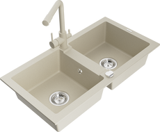 Mexen Mario 2-bowl granite sink with kitchen faucet Duero, beige - 6504-69-671600-69