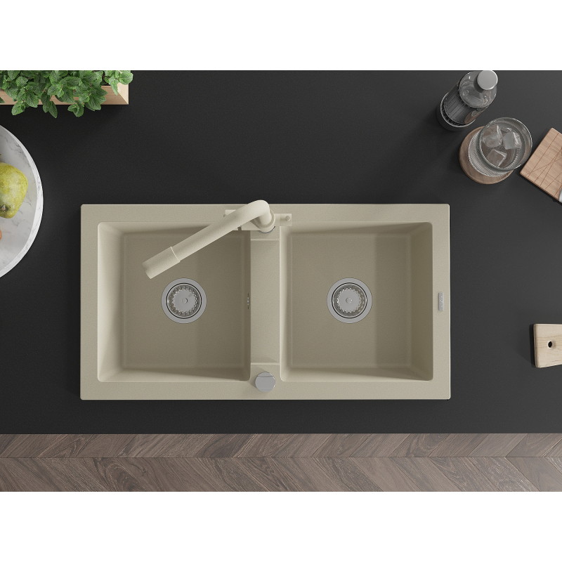 Mexen Mario Granite Double-Bowl Sink with Duero Kitchen Faucet, Beige - 6504-69-671600-69