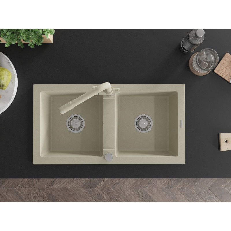 Mexen Mario granite double-bowl sink with Duero kitchen tap, beige - 6504-69-671600-69