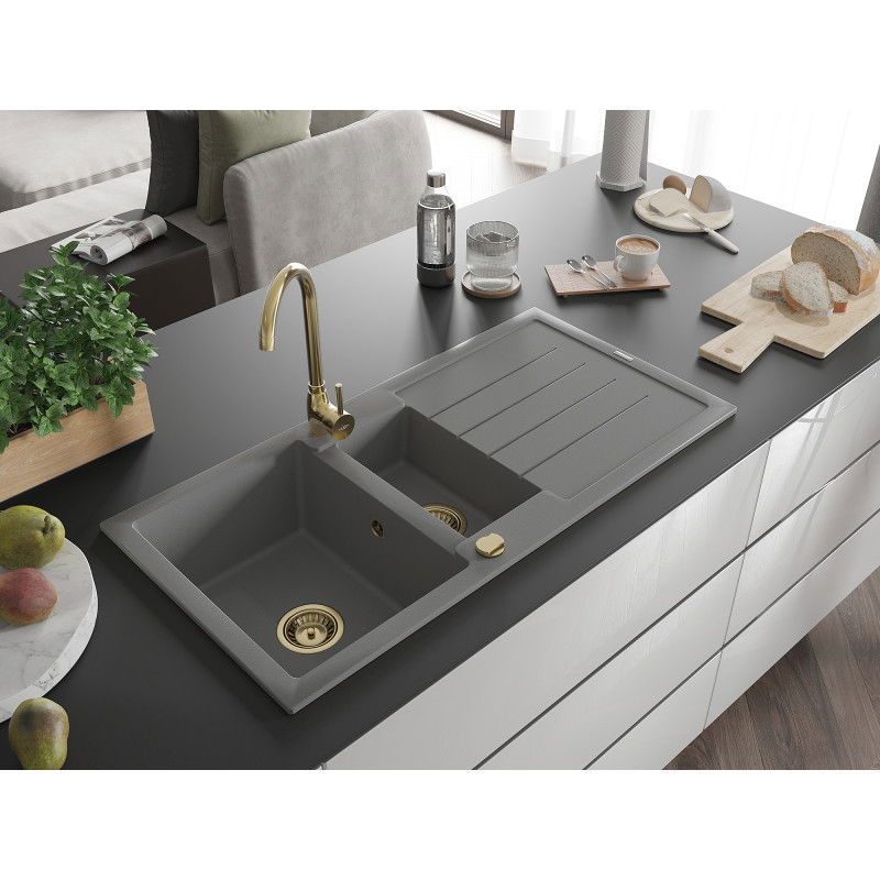 Mexen Andres granite sink 1.5-bowl with drainer and Telma kitchen tap, grey - 6515-71-670200-50