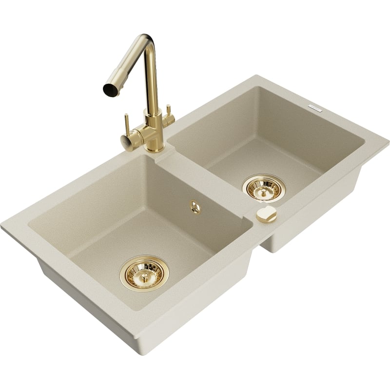 Mexen Mario 2-chamber granite sink with Duero kitchen faucet, beige - 6504-69-671600-50