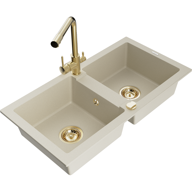 Mexen Mario granite kitchen sink 2-bowl with Duero kitchen tap, beige - 6504-69-671600-50