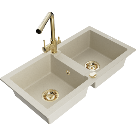 Mexen Mario 2-Bowl Granite Kitchen Sink with Duero Faucet, Beige - 6504-69-671600-50
