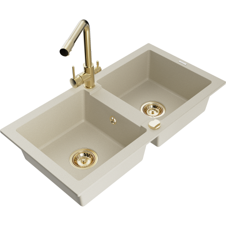 Mexen Mario 2-chamber granite sink with Duero kitchen faucet, beige - 6504-69-671600-50