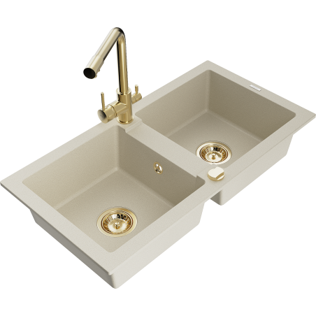 Mexen Mario granite kitchen sink 2-bowl with Duero kitchen tap, beige - 6504-69-671600-50