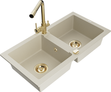 Mexen Mario granite kitchen sink 2-bowl with Duero kitchen tap, beige - 6504-69-671600-50