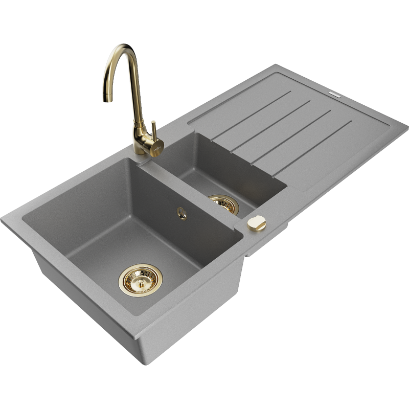 Mexen Andres 1.5-compartment granite sink with a drip tray and kitchen mixer tap Telma, Grey - 6515-71-670200-50