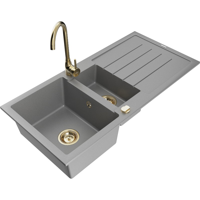 Mexen Andres granite kitchen sink 1.5-bowl with drainer and kitchen faucet Telma, gray - 6515-71-670200-50
