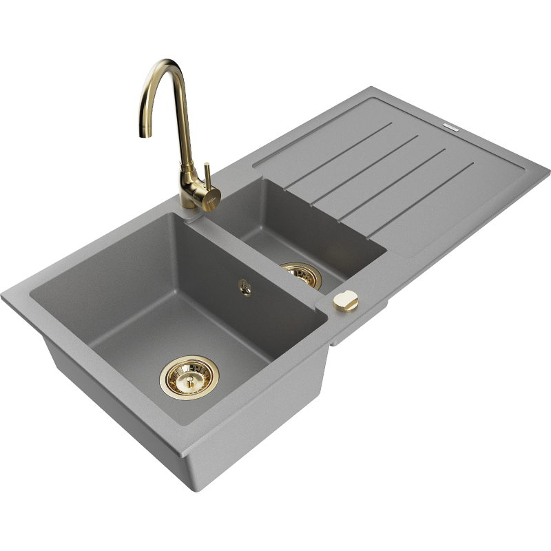 Mexen Andres granite sink 1.5-bowl with drainer and Telma kitchen tap, grey - 6515-71-670200-50
