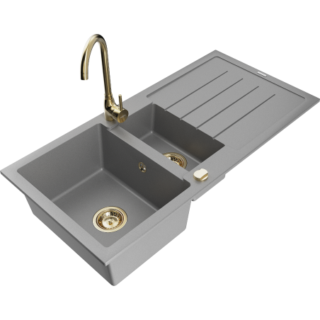 Mexen Andres granite sink 1.5-bowl with drainer and Telma kitchen tap, grey - 6515-71-670200-50
