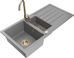 Mexen Andres 1.5-compartment granite sink with a drip tray and kitchen mixer tap Telma, Grey - 6515-71-670200-50