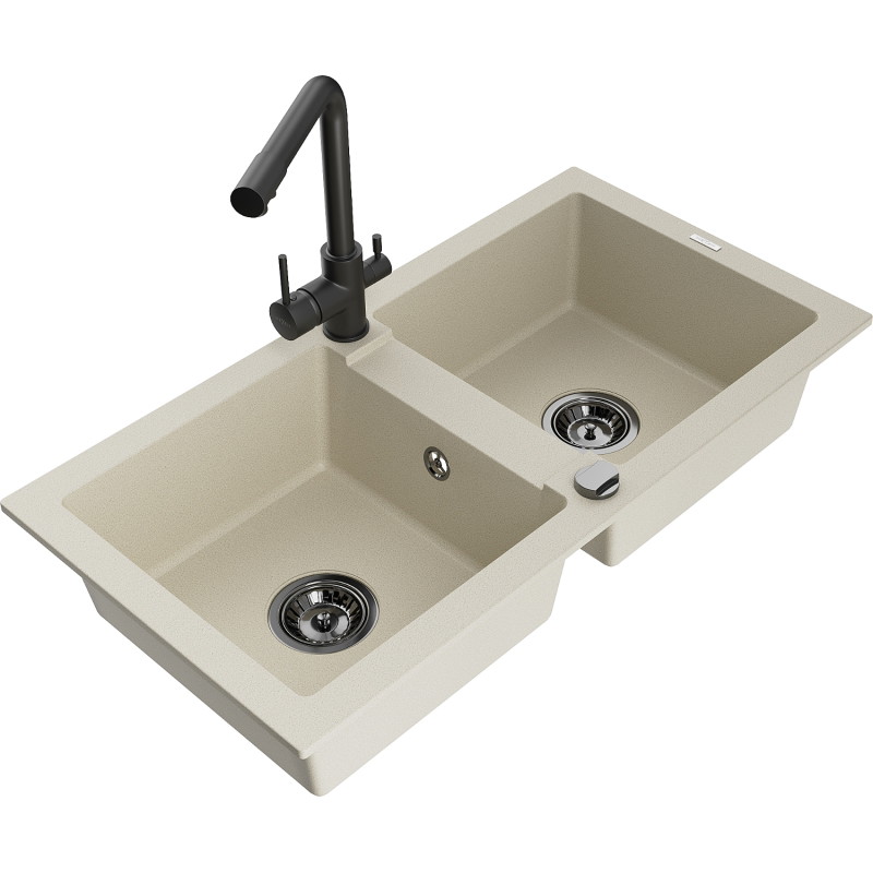Mexen Mario granite double-bowl sink with Duero kitchen faucet, beige - 6504-69-671600-70