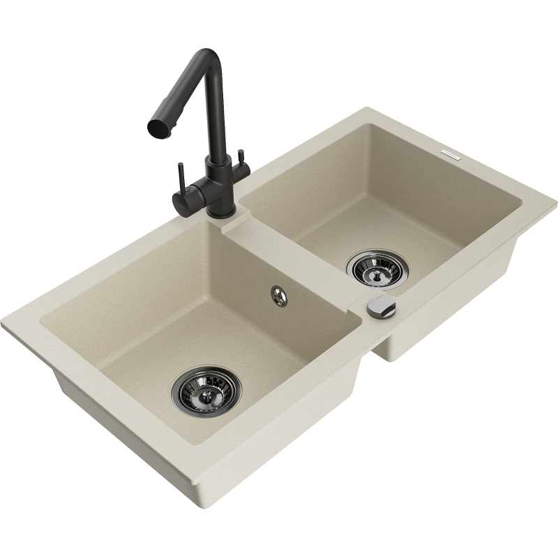 Mexen Mario granite kitchen sink 2-bowl with Duero kitchen tap, beige - 6504-69-671600-70