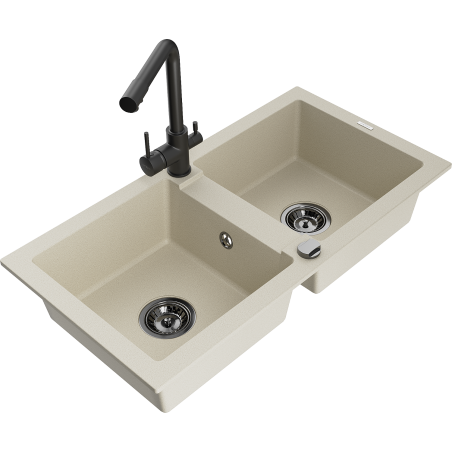 Mexen Mario granite double-bowl kitchen sink with Duero faucet, beige - 6504-69-671600-70
