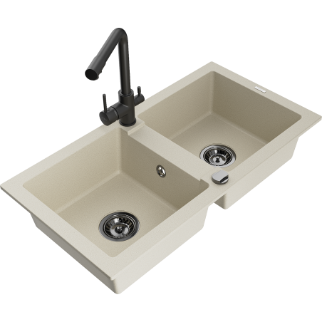 Mexen Mario granite kitchen sink 2-bowl with Duero kitchen tap, beige - 6504-69-671600-70