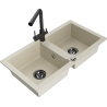 Mexen Mario granite double-bowl sink with Duero kitchen faucet, beige - 6504-69-671600-70