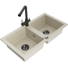 Mexen Mario granite kitchen sink 2-bowl with Duero kitchen tap, beige - 6504-69-671600-70