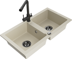 Mexen Mario granite double-bowl kitchen sink with Duero faucet, beige - 6504-69-671600-70