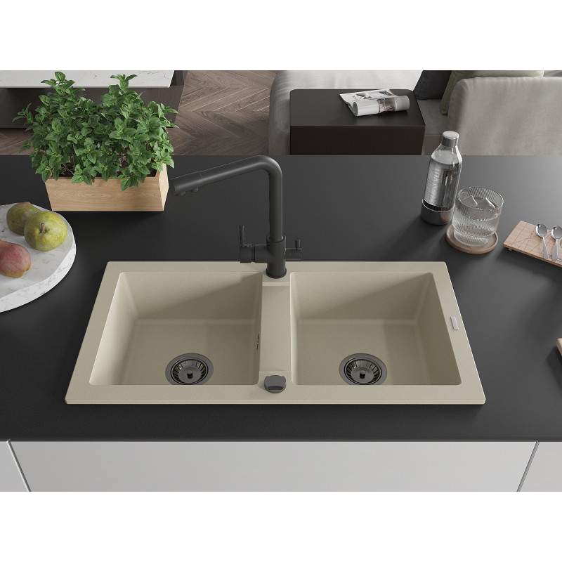 Mexen Mario granite double-bowl kitchen sink with Duero faucet, beige - 6504-69-671600-70