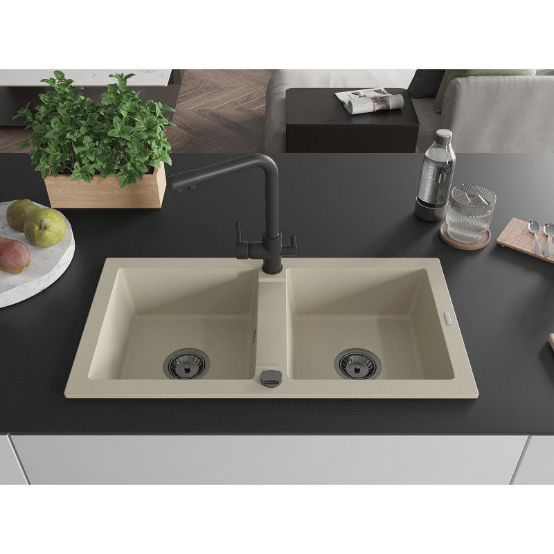 Mexen Mario granite kitchen sink 2-bowl with Duero kitchen tap, beige - 6504-69-671600-70