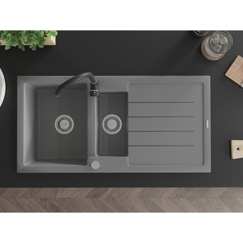 Mexen Andres granite sink 1.5-chamber with drainer and Telma kitchen faucet, gray - 6515-71-670200-70