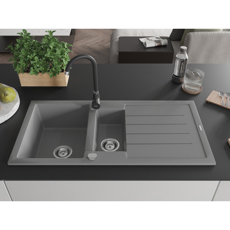 Mexen Andres 1.5-bowl granite sink with drainer and Telma kitchen faucet, gray - 6515-71-670200-70