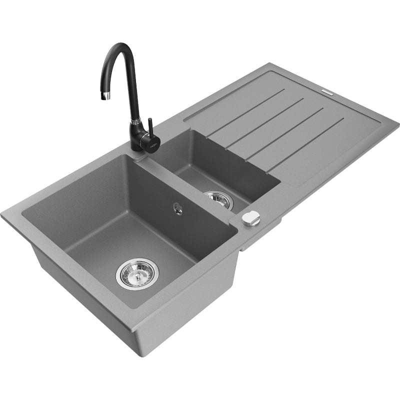 Mexen Andres 1.5-bowl granite sink with drainer and Telma kitchen faucet, gray - 6515-71-670200-70