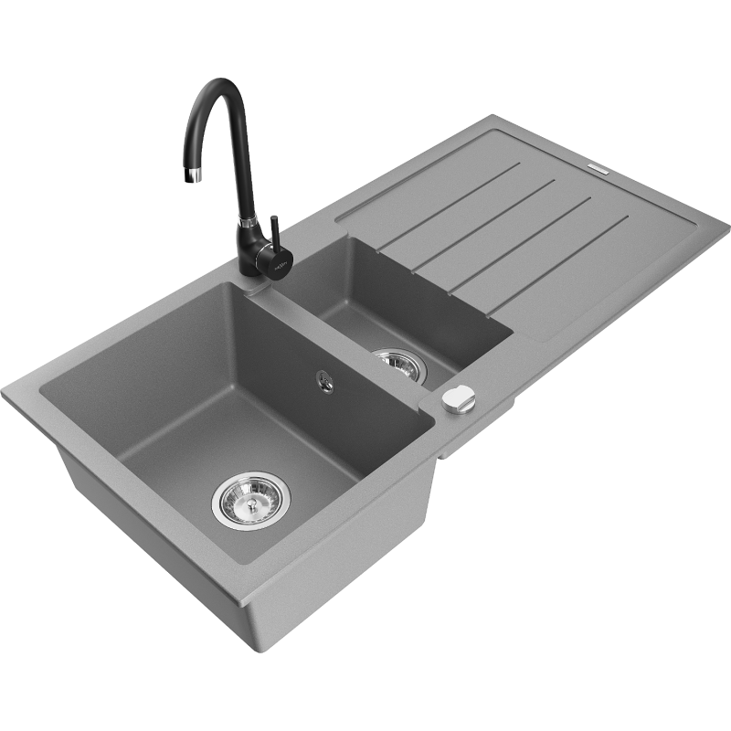 Mexen Andres 1.5-bowl granite sink with drainer and Telma kitchen tap, grey - 6515-71-670200-70