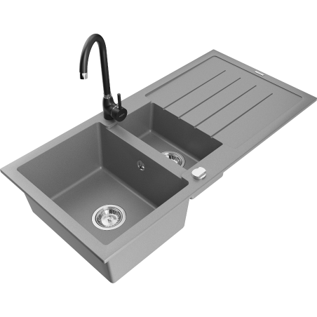 Mexen Andres 1.5-bowl granite sink with drainer and Telma kitchen tap, grey - 6515-71-670200-70