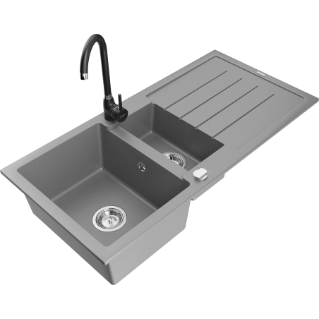 Mexen Andres 1.5-compartment granite sink with a drip tray and kitchen mixer tap Telma, Grey - 6515-71-670200-70