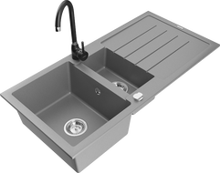 Mexen Andres 1.5-compartment granite sink with a drip tray and kitchen mixer tap Telma, Grey - 6515-71-670200-70