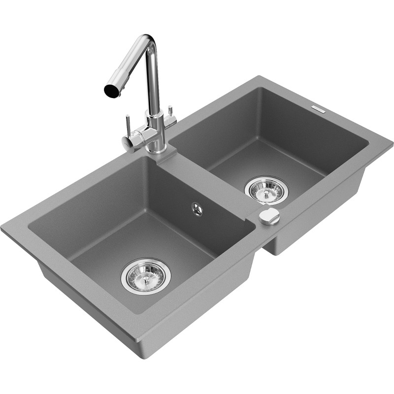 Mexen Mario granite double-bowl kitchen sink with Duero mixer, gray - 6504-71-671600-00