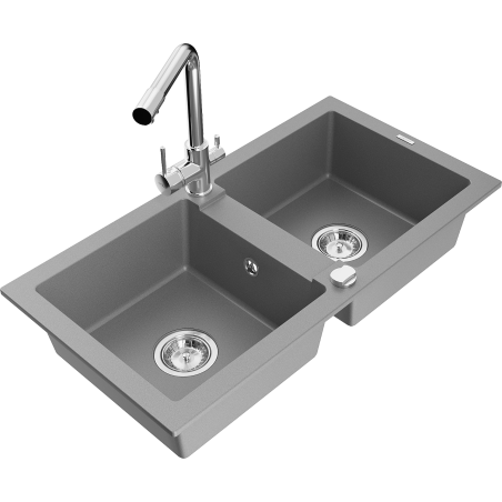 Mexen Mario 2-compartment granite sink with a kitchen mixer tap Duero, Grey - 6504-71-671600-00