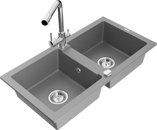 Mexen Mario 2-compartment granite sink with Duero kitchen faucet, gray - 6504-71-671600-00