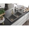 Mexen Mario 2-chamber granite sink with Duero kitchen faucet, gray - 6504-71-671600-50