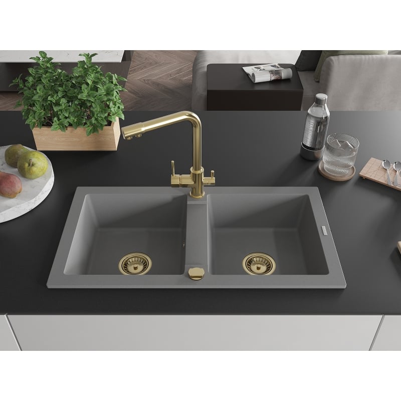 Mexen Mario 2-chamber granite sink with Duero kitchen faucet, gray - 6504-71-671600-50