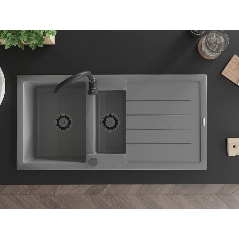 Mexen Andres granite kitchen sink 1.5-bowl with drainer and Telma faucet, gray - 6515-71-670200-70-B