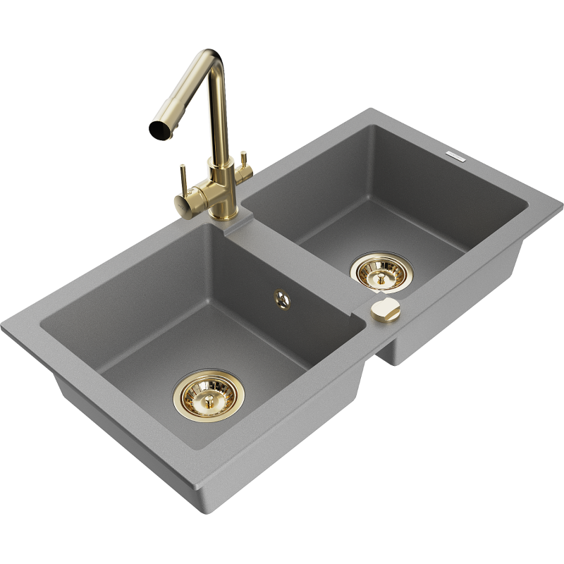 Mexen Mario 2-bowl granite kitchen sink with Duero tap, grey - 6504-71-671600-50