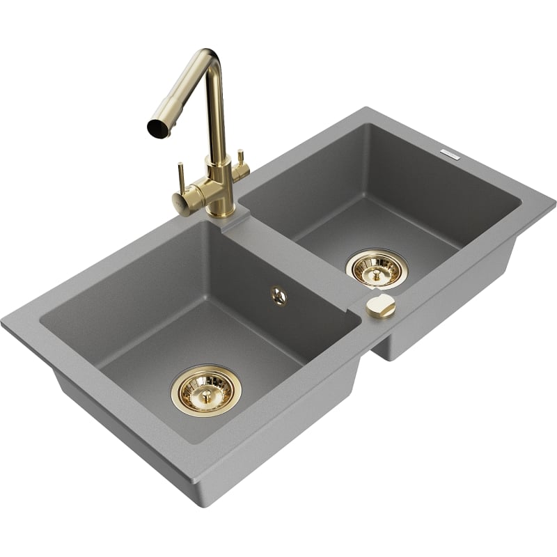 Mexen Mario 2-chamber granite sink with Duero kitchen faucet, gray - 6504-71-671600-50