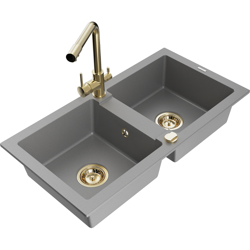 Mexen Mario 2-compartment granite sink with a kitchen mixer tap Duero, Grey - 6504-71-671600-50
