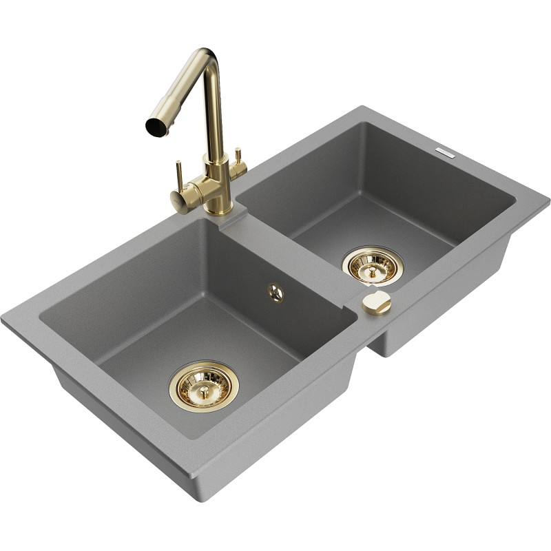 Mexen Mario granite double-bowl kitchen sink with Duero faucet, gray - 6504-71-671600-50