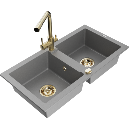 Mexen Mario 2-chamber granite sink with Duero kitchen faucet, gray - 6504-71-671600-50