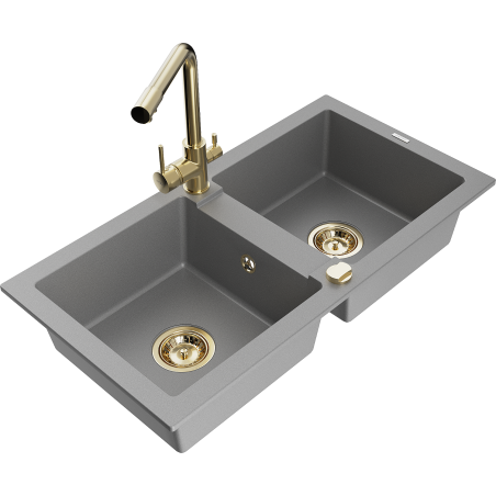 Mexen Mario granite double-bowl kitchen sink with Duero faucet, gray - 6504-71-671600-50