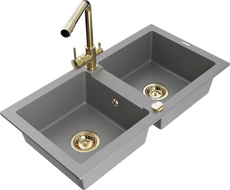 Mexen Mario 2-chamber granite sink with Duero kitchen faucet, gray - 6504-71-671600-50