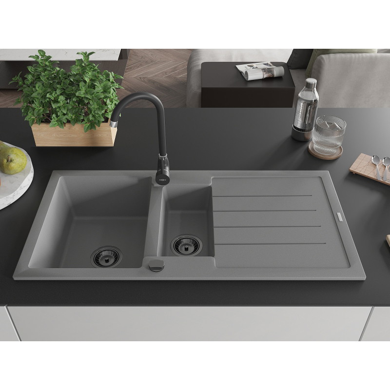 Mexen Andres granite kitchen sink 1.5-bowl with drainer and Telma faucet, gray - 6515-71-670200-70-B