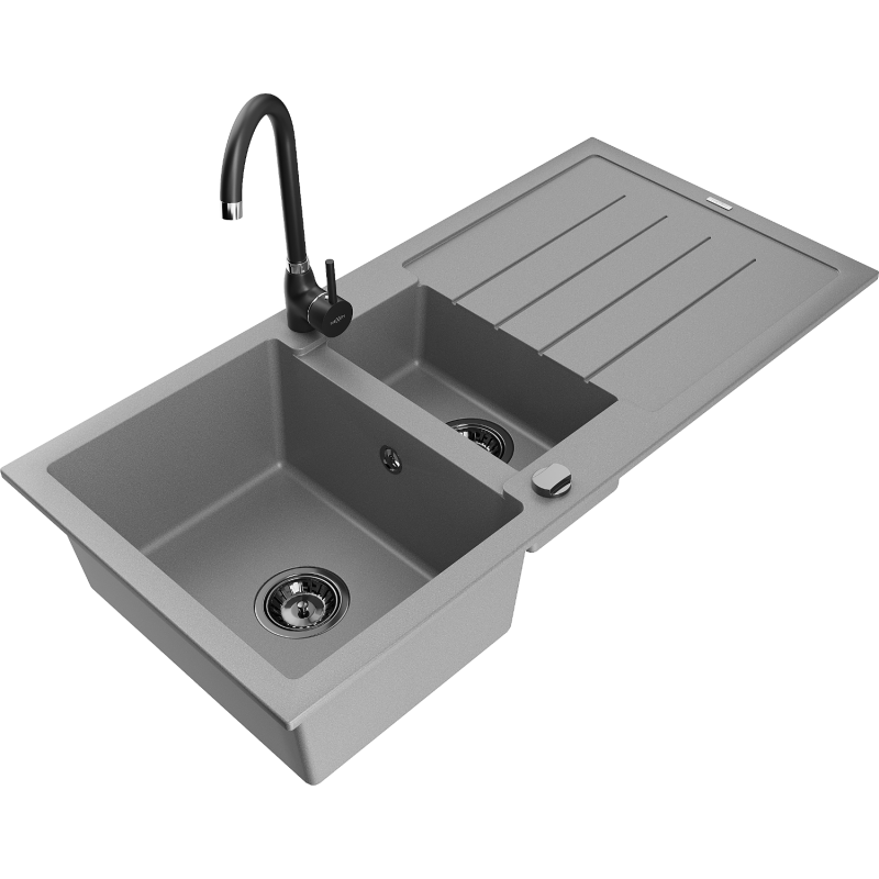 Mexen Andres 1.5-bowl granite sink with drainer and Telma kitchen tap, grey - 6515-71-670200-70-B