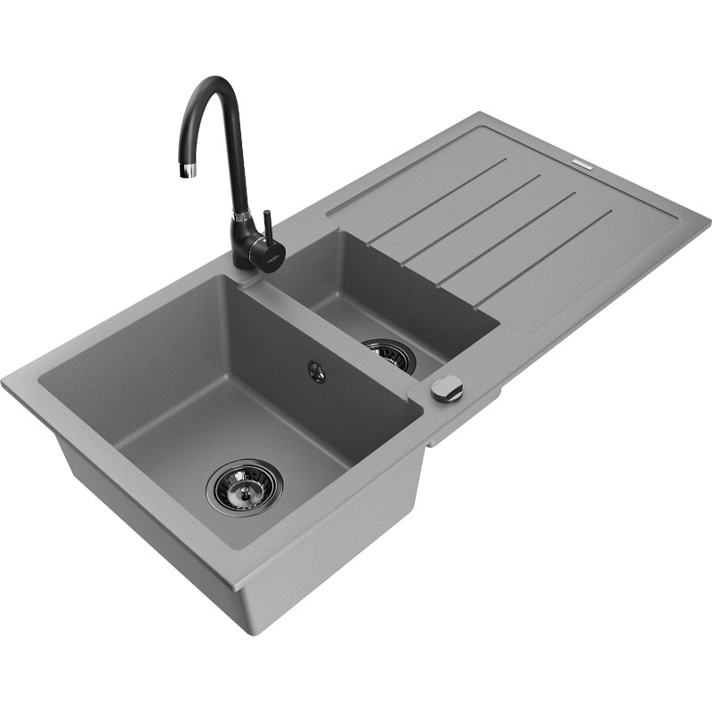 Mexen Andres granite kitchen sink 1.5-bowl with drainer and kitchen faucet Telma, gray - 6515-71-670200-70-B