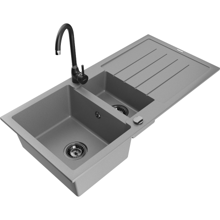 Mexen Andres 1.5-bowl granite sink with drainer and Telma kitchen tap, grey - 6515-71-670200-70-B